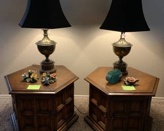 solid wood pair of hexagonal end tables, and matching Stiffel table lamps