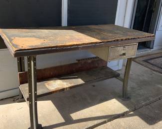 antique metal and wood work table