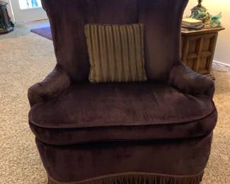 TWO OF THESE matching antique arm chairs recovered in purple with fringe accent.
