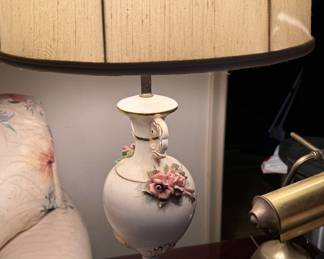 Pair Rose On White Ceramic Lamps