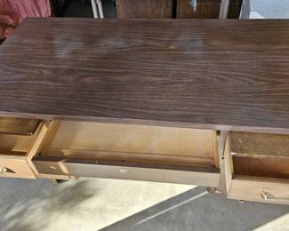 Executive Desk of Renowned Engineer - Three Drawers on Left - Locked mid drawer, Two Pullouts, Small File Cabinet on Right - Important Aerospace Designs Created on this Furniture - Dimensions -  60x 29.75 x 29 H - Price - $60