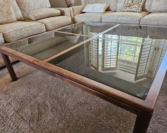 Mid-Century Modern - Large Glass and Walnut Wood Coffee Table - Dimensions -  15x47.5x47.5
Price - $400