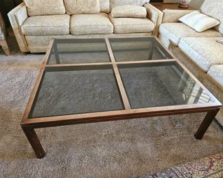 Mid-Century Modern - Large Glass and Walnut Wood Coffee Table - Dimensions -  15x47.5x47.5
Price - $400