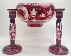 2 Vintage Egermann Ruby Red Crystal Candlesticks & Cut to Clear Castle Czech Large Bowl

