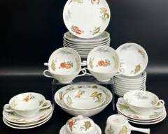 Vintage K & A Selb Barvaria Krautheim Feuerfest GERMAN PORCELAIN Set of Soup bowls w underplate; bread and butter plate small bowls with vegetable illustrations carrot, Lobster, onion, cauliflower, tomato, mushroom
