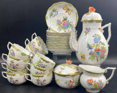 Fine HEREND Hungary Porcelain Hand Painted Queen Victorian Lidded Tea Pot, Twelve Tea Cups, Twelve Saucers, Lidded Sugar Bowl, and Creamer
