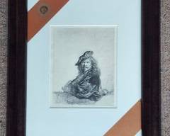Original Rembrandt Hand painted Etching Self Portrait Leaning on A Stone Sill 1639
