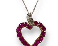 Fine Ruby & Diamond Heart 16in Necklace in 10k Yellow Gold.
