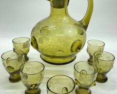 Antique Etched Grape Vine Green Art Glass Decanter and glasses
