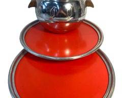 Vintage MCM Barware Lot West Bend Penguin Lidded Ice Bucket and 2 Red and Chrome Serving Trays Mid Century Modern
