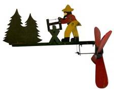 Vintage Folk Art Handcrafted Christmas Whirligig of Man Sawing Down Christmas Trees
