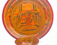 19th Century Export Wax Seal Hand Painted Vintage Asian Chinesee Wooden Bowl
