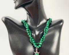 Fine Sterling Silver Malachite Double Strand Figural Turtle 16 Inch Necklace
