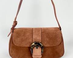 Vintage Salvatore Ferragamo Suede Brown Shoulder Bag Tortoise Shell Buckle
