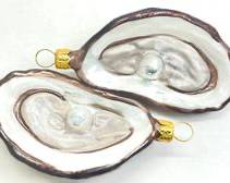 Pair Of Half Shell Oysters With Pearl Holiday Christmas Glass Ornaments
