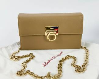 Salvatore Ferragamo Gancini Beige Leather Evening Handbag W/ Chain Link Strap & Dust Bag
