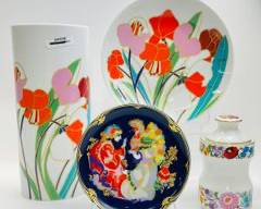 FINE KALocSA Herend style & ROSENTHAL LOVELY COLORFUL DECORATIVE PORCELAIN VASE PLATES AND LIDDED JAR WUTH BLUE GERMAN PLATE
