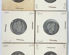 6 1899-1916 U.S. Barber Quarter 90% Silver Coins
