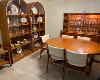 Danish Interiors  Mid-Century Modern Teak Dinning Room Table with 6 chairs, china hutch, bar cart, two curio cabinets