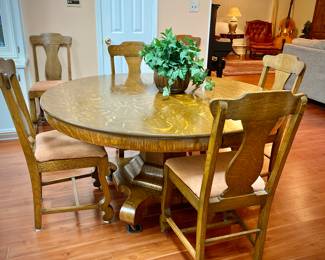 Antique oak 60” pedestal dining table and 6 chairs 