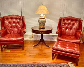 Classic Leather wingback chairs and ottoman