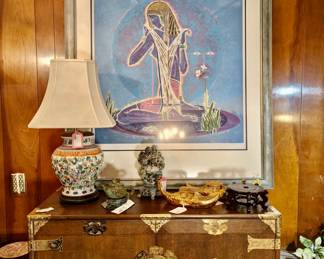 Vintage Chinese Soapstone Sculpture, Signed and numbered Serigraph titled "Adolescence by artist Lu Hong, 24K Gold Drip Candy Boats, Vintage Lamp, Antique Chest of Drawers Korean Tansu Butterfly