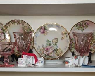 Royal Rudolstadt Prussia Dessert Plates, Fostoria Jamestown Pink Champagne/Sherbert Glasses