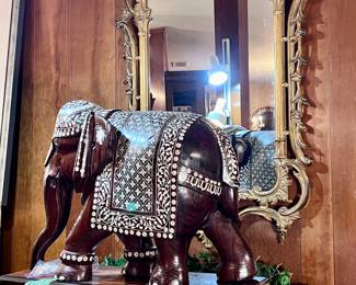 Antique Carved Rosewood Bone Inlaid Elephant