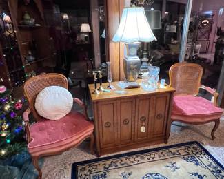 Pair of Cane Back Bergere Chairs, Henredon Side Chest, Mid Century Table Lamp of Pewter and Brass