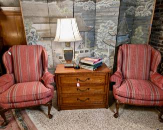 Pair of Wingback Chairs, Henredon 3 Drawer chest