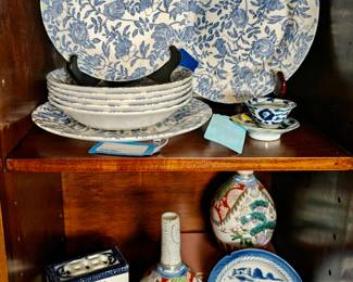Set of 6 "Queen's: by Churchill bowls, Churchill Dinner Plates, Porcelain "Corpse" Pillow, Antique Chinese Small Blue and White Plate, Pair of Antique Japanese Meiji Imari Vases
