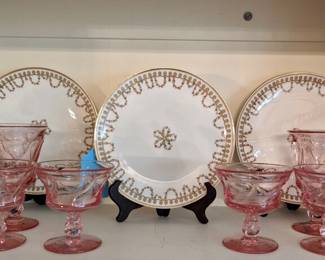 Fostoria Jamestown Pink Water Goblets and Champagne/Sherbert Glasses, Haviland Luncheon Plates