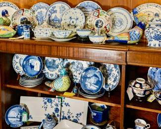 Collection of Blue and White China.  Spode, Furnival, Blue Fjord, Churchill, Royal Copenhagen, Johnson Brothers, plus Imari plates and Antique Japanese Meiji Imari Vases