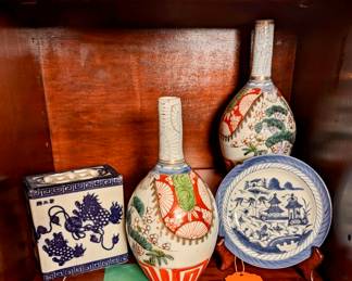 Porcelain "Corpse" Pillow, Antique Chinese Small Blue and White Plate, Pair of Antique Japanese Meiji Imari Vases