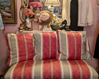Gold Tone Mirror, Upholstered Bench with Matching Pillows,  Upholstered Footstool, Vintage Hats and Shoes, Vintage Cashmere Beaded Sweater