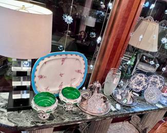 Pair Antique Czech Bohemian Moser White Cut to Green Compotes, Antique Hand Painted Porcelain Platter