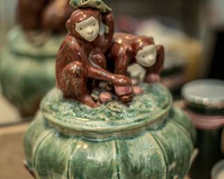 Majolica monkey cookie jar