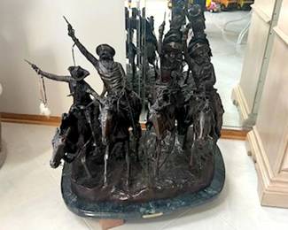 32"w x 28"h bronze sculpture by Frederic Remington, "Coming Through the Rye"