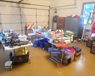 Garage full of tools, ladders, new tool chest, safes