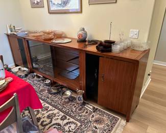 cabinet in 3 parts, 2 ends and middle        
middle cabinet 64” long, 36” tall, 21” deep                                                                                               
each end cabinet  30” long, wide, 36” tall, 21” deep,

