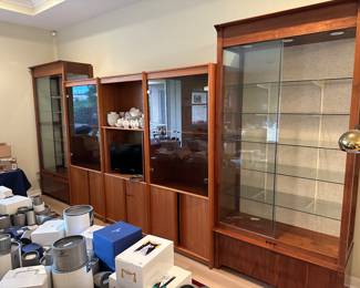 End cabinets with glass sliders 44” wide, 91.5” tall, 21.5” deep
3 middle cabinets (each are) 35” wide, 79” tall, 23”deep