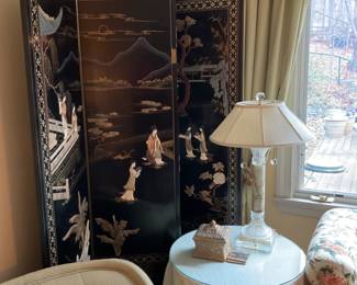 Fine Chinoiserie 4 panel Screen . Black lacquered wood with mother of Pearl inlay .