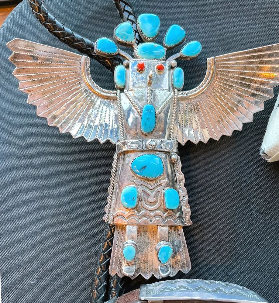 Many Southwest bolos, Liberty coin 1923, Hopi, Zuni, Jasper, Navajo, Art Deco, Eldred Martinez (Zuni), Don Dewa (artist), Dave Tune (artist), Joe Mo2quino (artist), N. Harry (1980s)