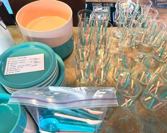 Karen Peter Pan plastic ware from Fortunoff's, plates, bowls, serving bowls, glassware, and silverware