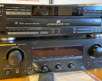 Sony 5-disc CD changer, VCR player, 72" TV, DVD player, CD stereo/radio
Marantz Stereo receiver, double cassette deck player, 5-disc CD changer, Receiver SR-4120, small speakers