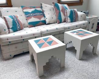 Early 90s Southwest-style sofa with matching side tables (4), perfect condition