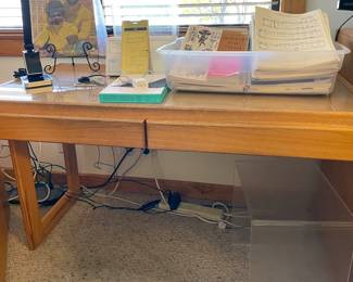 1980s golden oak furniture: office media organizer with cabinets and fold-down sides, office desk and file cabinet