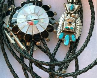 Many Southwest bolos, Liberty coin 1923, Hopi, Zuni, Jasper, Navajo, Art Deco, Eldred Martinez (Zuni), Don Dewa (artist), Dave Tune (artist), Joe Mo2quino (artist), N. Harry (1980s)