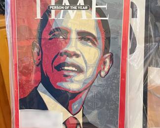 Barack Obama presidential ephemera, Time magazine, framed election win newspaper cover, Christmas cards, photos