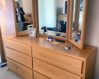 1980s golden oak furniture: king bed with built-in nightstands, 3 dressers
